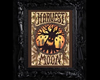 Harvest Moon Print - Spooky Pumpkin Moon A5 - A4 - A3 Watercolour Wall Art - Halloween Samhain Jack-o-Lantern Tree Illustration Print