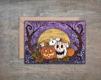 Autumn Night Greetings Card & Envelope - Whimsical Jack-O Lantern Halloween Card - Purple Orange Pumpkin Gourd Samhain Greetings Gift