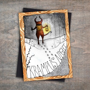 Tarjeta de la noche de Krampus - Tarjeta gótica de invierno navideña espeluznante de Krampus - Tarjeta de saludos espeluznantes paganos navideños en negro y morado