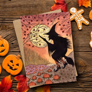 Cartão de Saudações Moonlight Flight e Envelope - Cartão de Silhueta de Bruxa de Halloween Vintage Retro - Cartão de Samhain Assustador de Folhas Laranjas com Abóbora