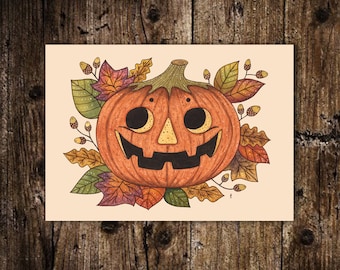 Mini Pumpkin Head Print - Small A6 Whimsical Autumn Jack O Lantern Illustration - Mini Halloween Leaves Acorns Pumpkin Patch Postcard Print