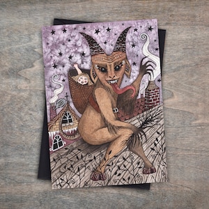 Tarjeta de Bebé Krampus - Tarjeta gótica de invierno para la noche de Krampus - Tarjetas de Navidad espeluznantes - Tarjeta de felicitación de cuento de hadas oscuro pagano de invierno
