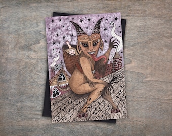 Baby Krampus Card - Krampus Night Gothic Winter Card - Spooky Christmas Creepmas Cards - Winter Pagan Yule Dark Fairy Tale Greetings Card