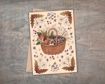 The Forager's Basket Greetings Card & Envelope - Whimsical Cottage Garden Basket Card - Rustic Spring Summer Mushroom Berry Foraging Card