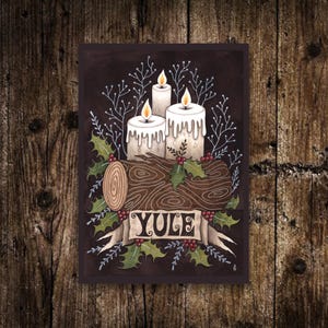 Mini impression de bougies de Noël - petite illustration païenne de bûche d'hiver A6 - art de carte postale de Noël traditionnel fantaisiste