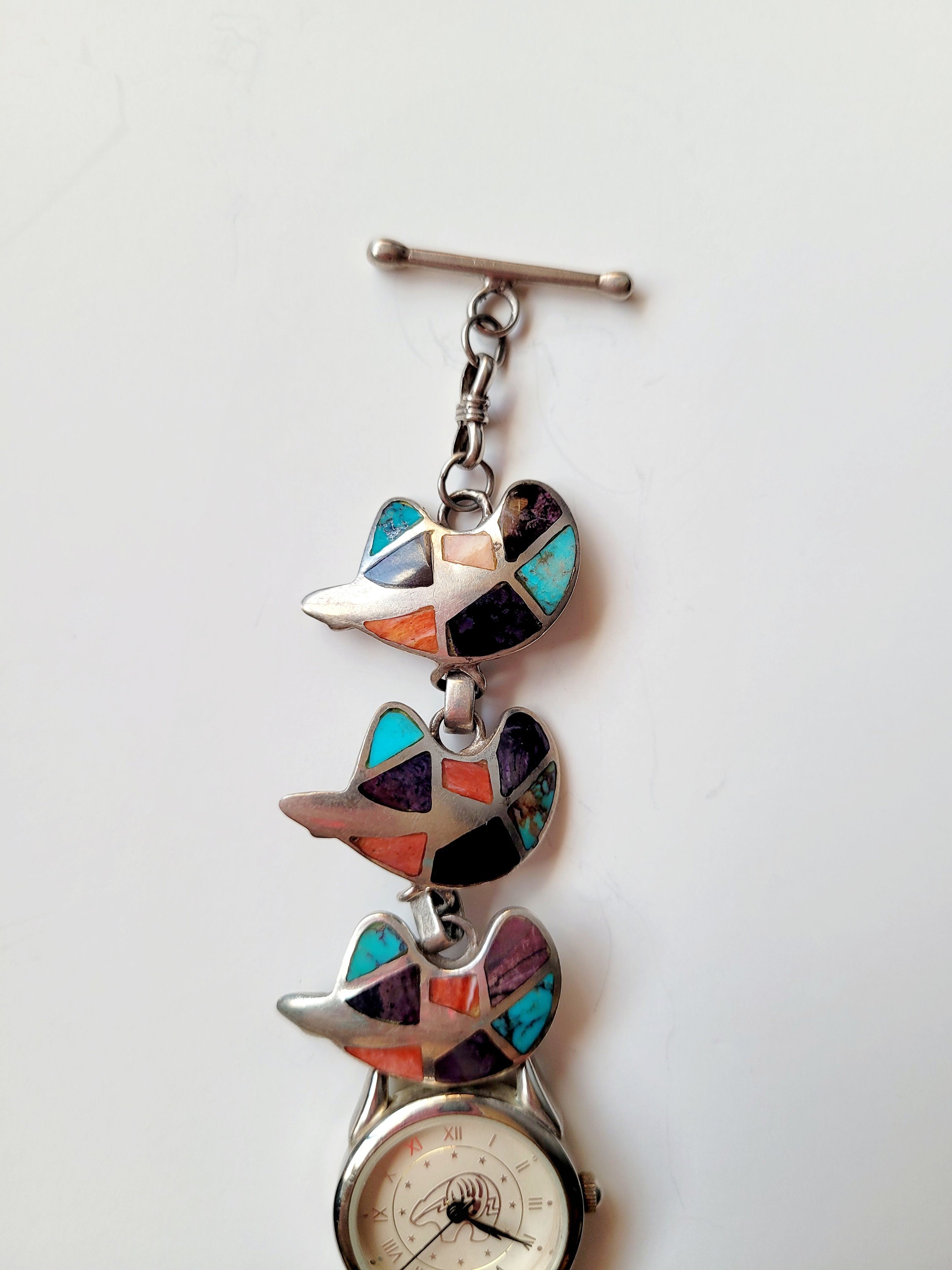 Pawn Inlay Bear Watch Band Sterling Silver Native American 