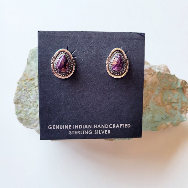 Purple Spiny Oyster Shell Teardrop Stud Earrings Sterling Silver Native American Handmade