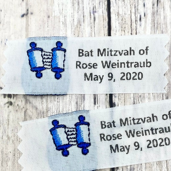 20 Bar Mitzvah Bat Mitzvah Fabric Labels, Woven Fabric Labels with Torah Design printed with your text, yarmulke labels, labels for kippahs