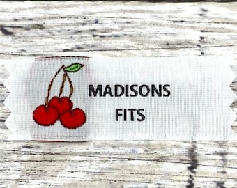 20 Woven Custom Clothing Labels Cherries Design Imprinted with your own text