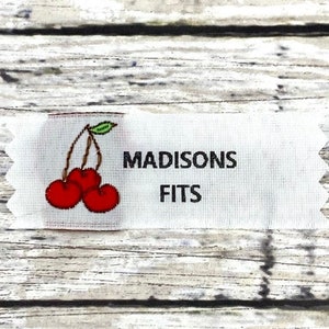20 Woven Custom Clothing Labels Cherries Design Imprinted with your own text