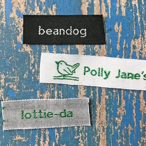 50 Cotton Woven Clothing Labels 1 Line of Block Text Sew or Iron On Style F34