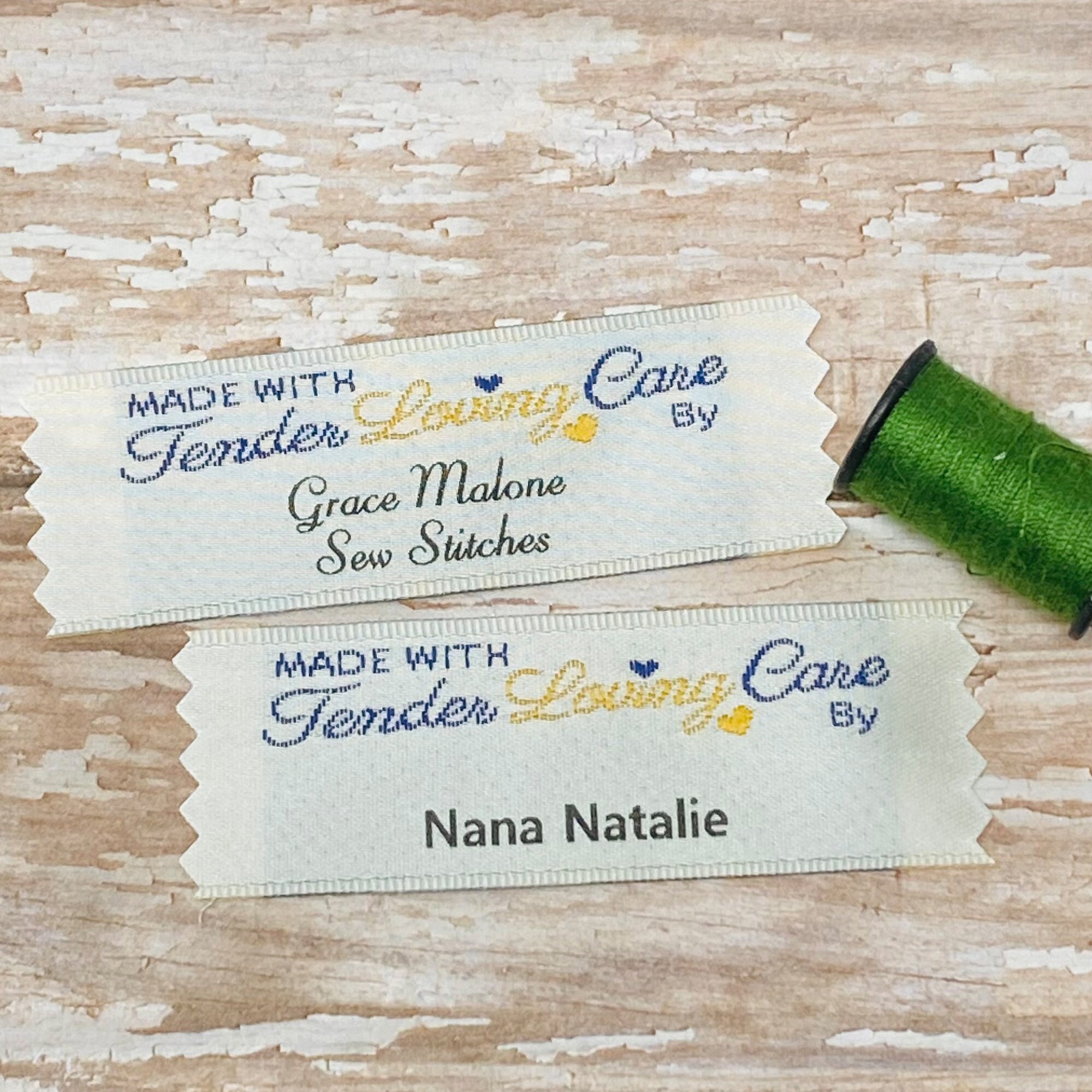 Personalized Sew on Woven Clothing Labels Made with Tender Loving Care by and printed with 1 line of text for the Handmade Items you Create