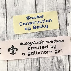 Cotton Woven Labels, Knitting Labels, Sewing Labels, 3 Lines of Text 1&quot; Sew or Iron On Style F670
