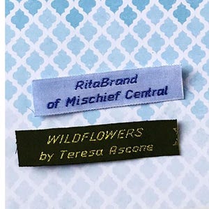 Woven Labels, Crochet Knit Sew Quilt Labels 2 Lines of Italics Text Sew or Iron On Style F174