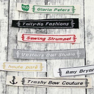 Woven Labels, Clothing Labels, Custom Labels 1 Line of Text with Border Sew or Iron On Style F840
