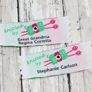 Knitting Fabric Clothing Labels Personalized with Your Name or Company Name under the Yarn and Knitting Needles.