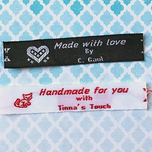 Woven Fabric Labels, Sewing Labels, Crochet Sewing Knitting Labels, 3 Lines of Text Woven Iron On or Sew On Labels Style F263