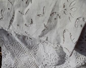 RARE 19th C. White Lace Bedspread French Cotton and Linen Cover Handmade Hand Embroidered  #sophieladydeparis