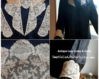 Antique Detachable Collar and Cuffs set French Silk Lace Floral Needle Tulle Lace #sophieladydeparis