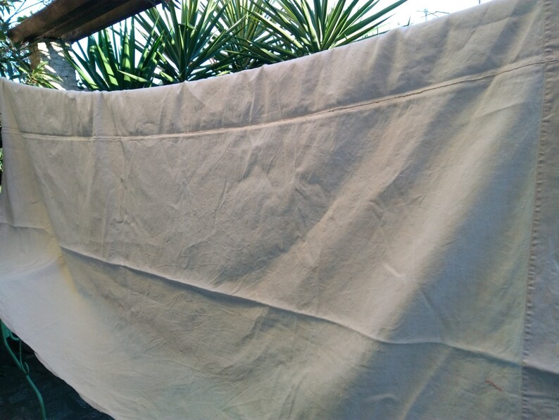 19th Century Off White Thick French Toile Metis Sheet Tablecloth Upholstery Fabric Curtain Panel Bed Cover unused #sophieladydeparis