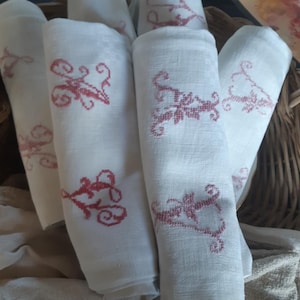 Juego de 6 servilletas grandes de lino francés antiguo de damasco con monograma rojo #SophieLadyDeParis