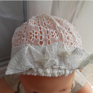 Antique Baby Bonnet White French Cotton Lace Baby Cap or Doll Hat #sophieladydeparis