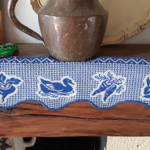 Vintage French Shelf Trim Blue Rabbits Carrots Radish Duck Cotton Made image 1