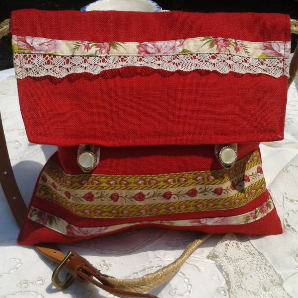 French Red Linen Bag with Lace Handmade Doubled Front Flap Buttons Closure Cord Belt Closure - Upcycled Antique Lace and Fabric