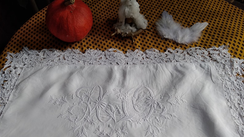 White Pillow Case Large Monogram Lace Trim Antique French Linen Pillow Cover Handmade Richelieu Lace Cut Work #sophieladydeparis