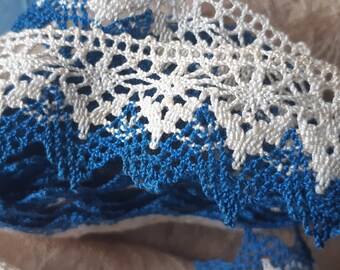 4 yds Antique French Hand Crochet Lace White Blue Cotton Lace #sophieladydeparis