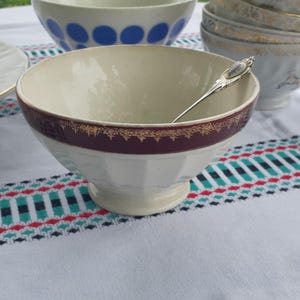 Antique French Sarreguemines Digoin Bowl: Bordeaux & Gold Trim, Pedestal Base