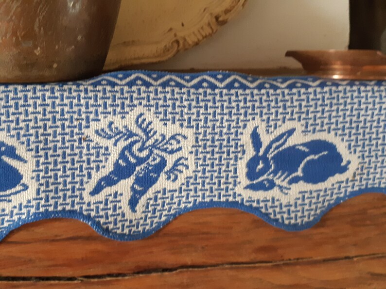 Vintage French Shelf Trim Blue Rabbits Carrots Radish Duck Cotton Made image 3