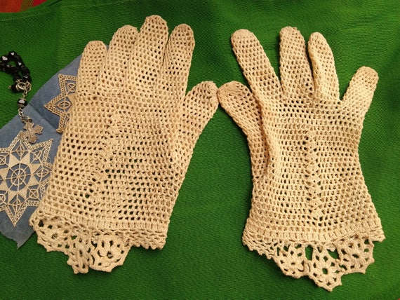 Lace Gloves Antique French Cotton Gloves Size Med… - image 5