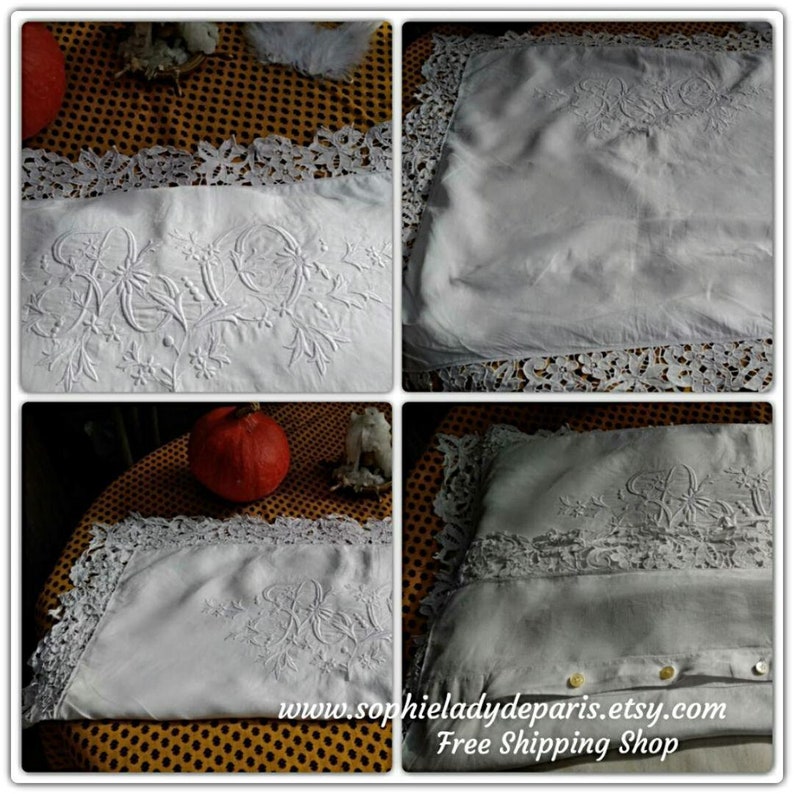 White Pillow Case Large Monogram Lace Trim Antique French Linen Pillow Cover Handmade Richelieu Lace Cut Work #sophieladydeparis