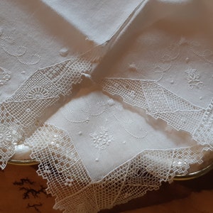 3 Bride Handkerchiefs Hand Embroidered Antique Handmade White French Tissue Lace Trim #sophieladydeparis