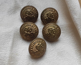 Antique French Embossed Buttons Saint Cyr French Brass Shank Buttons Set of 5