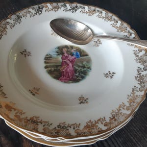 4 Soup Plates / Pasta plates Fragonard Marie Antoinette Lovers Scene Gilded French Limoges Porcelain #sophieladydeparis