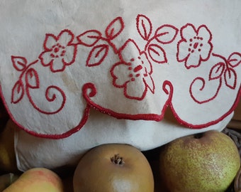 Antique Redwork Pouch Floral Beige French Linen Purse Hand Embroidered Kitchen Decor Bag Herbal Bag