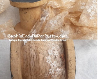 Antique French Lace Floral Needle Tulle Lace on Wooden Spool New Old Stock #sophieladydeparis