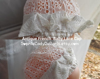 Antique Baby Bonnet White French Cotton Lace Baby Cap or Doll Hat #sophieladydeparis