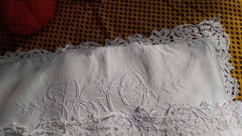 White Pillow Case Large Monogram Lace Trim Antique French Linen Pillow Cover Handmade Richelieu Lace Cut Work #sophieladydeparis
