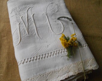 French Flat Linen Sheet Lace Trimmed Monogram #sophieladydeparis