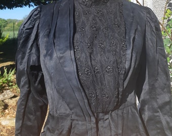 Antique Black Silk Satin Jacket: French Lacey Tulle, Boning (Medium) #SophieLadyDeParis