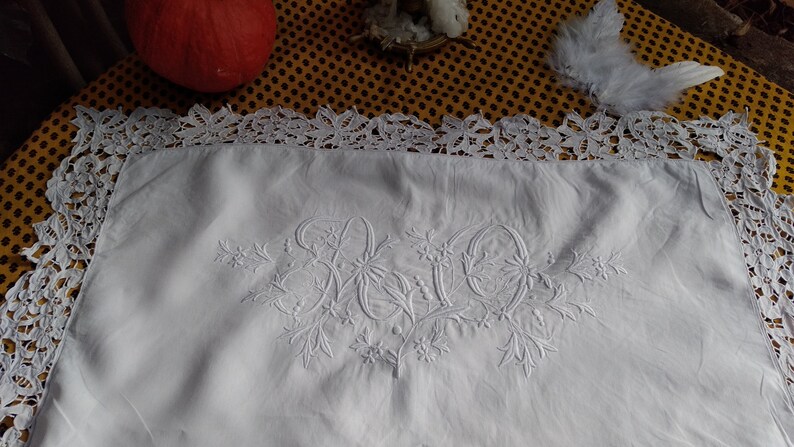 White Pillow Case Large Monogram Lace Trim Antique French Linen Pillow Cover Handmade Richelieu Lace Cut Work #sophieladydeparis