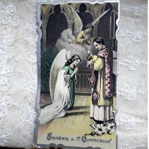 1940's Colored French Communion Card with Angels Silver trimmed #sophieladydeparis