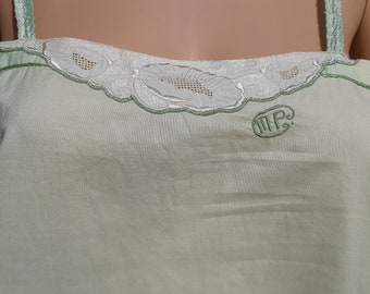 Antique French Slip Green Cotton Made Front Lace Monogrammed Medium  #sophieladydeparis