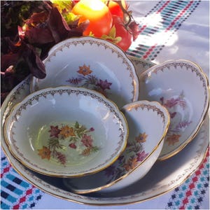 French Vintage Porcelain Bowls: Gilded Floral Salad Set, 5-Piece