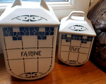 2 Art Deco Kitchen Canisters Hand Painted French Porcelain Flour and Coffee Jars # SophieLadyDeParis