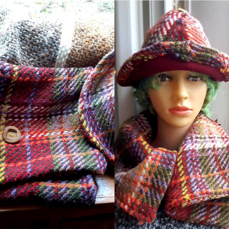 2pcs Winter set Hat and Neck Warmer Red Plaid Wool Handmade and Felt SophieLadyDeParis image 1