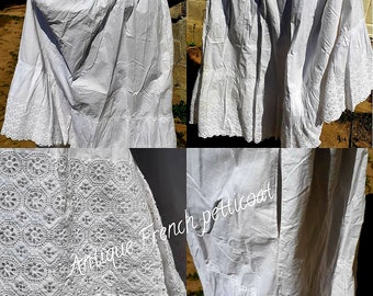 Antique French Petticoat White Eyelet Lace Trim Long Wide White Cotton Skirt Medium Large #sophieladydeparis